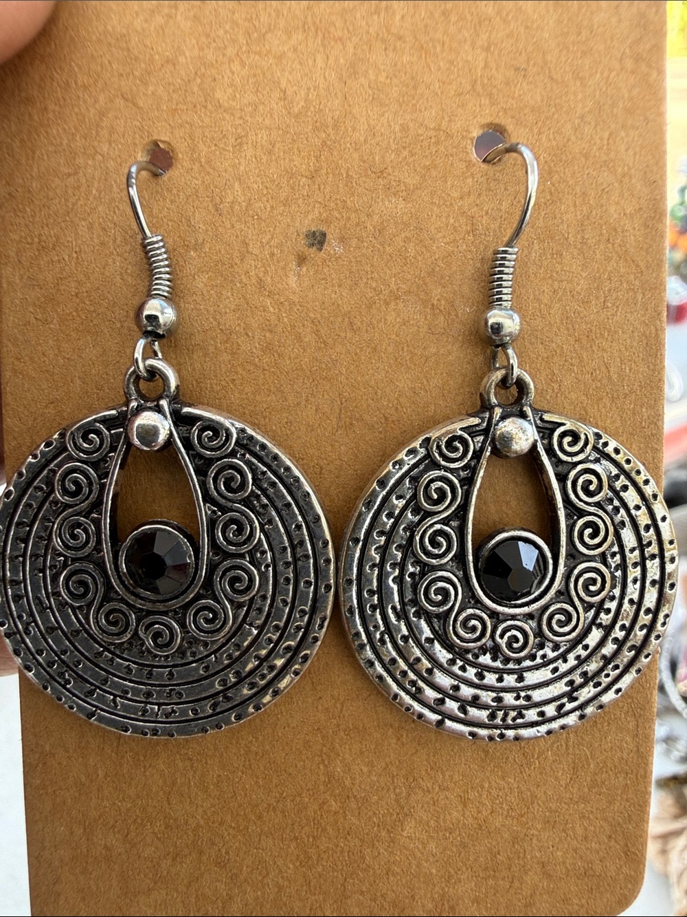 Silver-Tone Black Stone Swirl Drop Earrings
